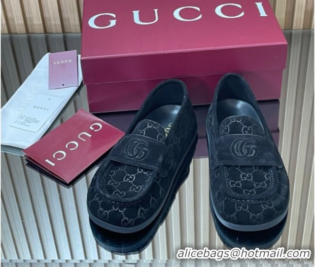 Luxury Discount Gucci GG Suede Flat Loafers Black 2025 GG082804