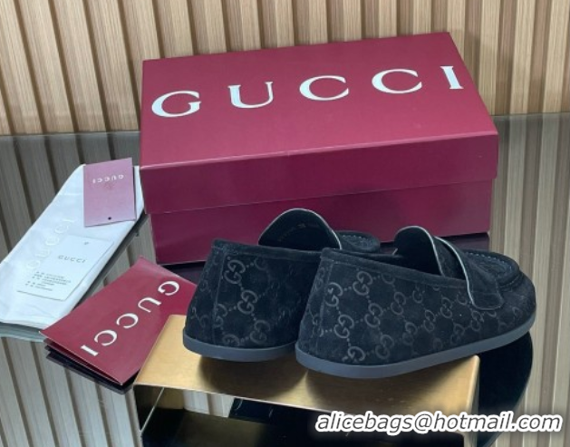 Luxury Discount Gucci GG Suede Flat Loafers Black 2025 GG082804