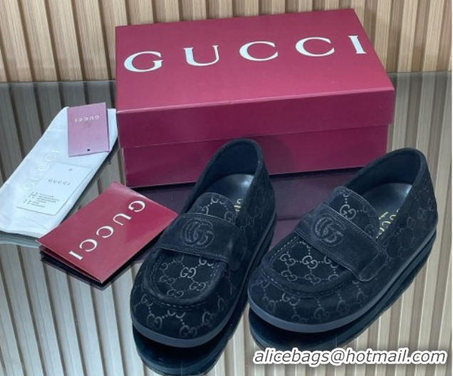 Luxury Discount Gucci GG Suede Flat Loafers Black 2025 GG082804