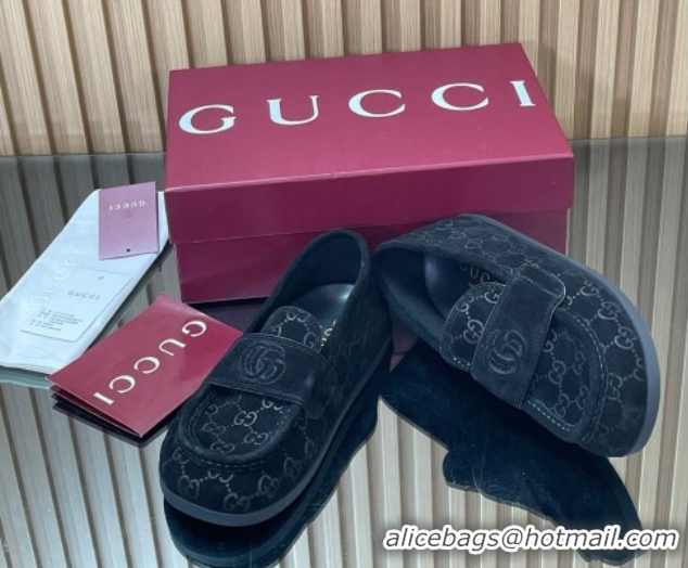 Luxury Discount Gucci GG Suede Flat Loafers Black 2025 GG082804