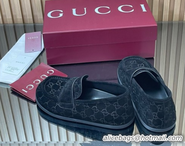 Luxury Discount Gucci GG Suede Flat Loafers Black 2025 GG082804