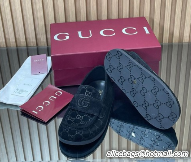 Luxury Discount Gucci GG Suede Flat Loafers Black 2025 GG082804