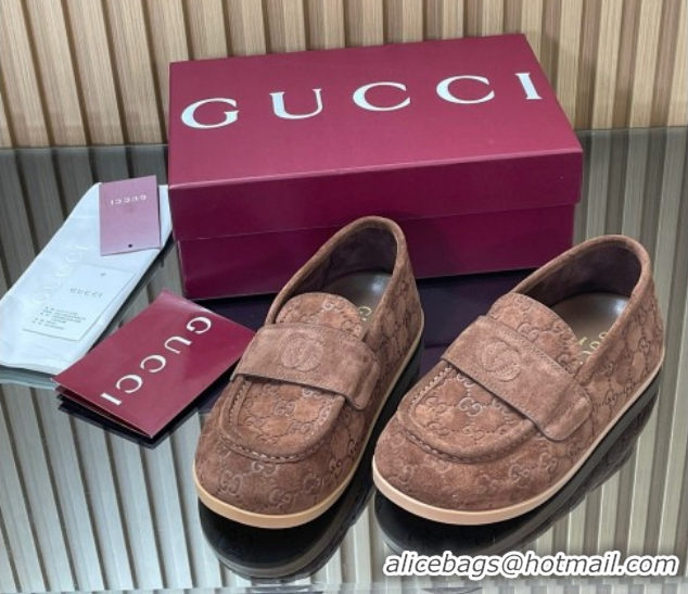 Luxury Gucci GG Suede Flat Loafers Brown 2025 GG082804