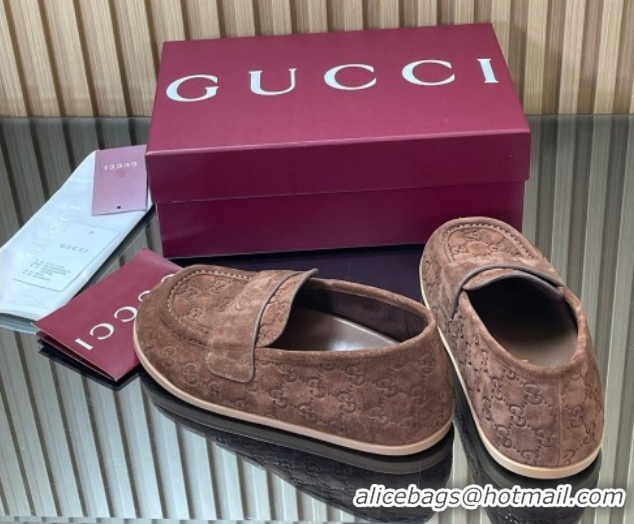 Luxury Gucci GG Suede Flat Loafers Brown 2025 GG082804