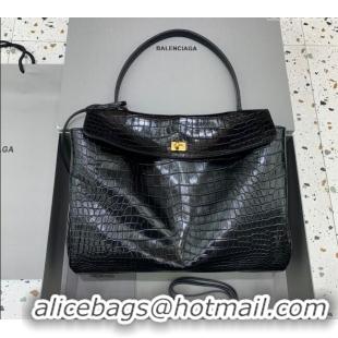 Discount Balenciaga Rodeo Large Handbag In Crocodile Embossed Calfskin With Aged-gold Hardware 78972 Black 2024