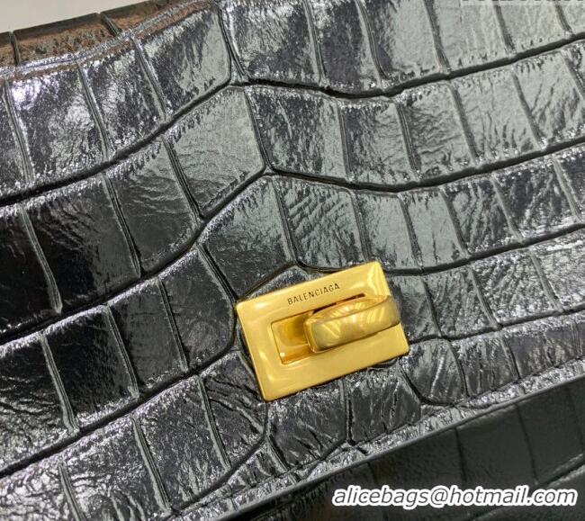 Discount Balenciaga Rodeo Large Handbag In Crocodile Embossed Calfskin With Aged-gold Hardware 78972 Black 2024