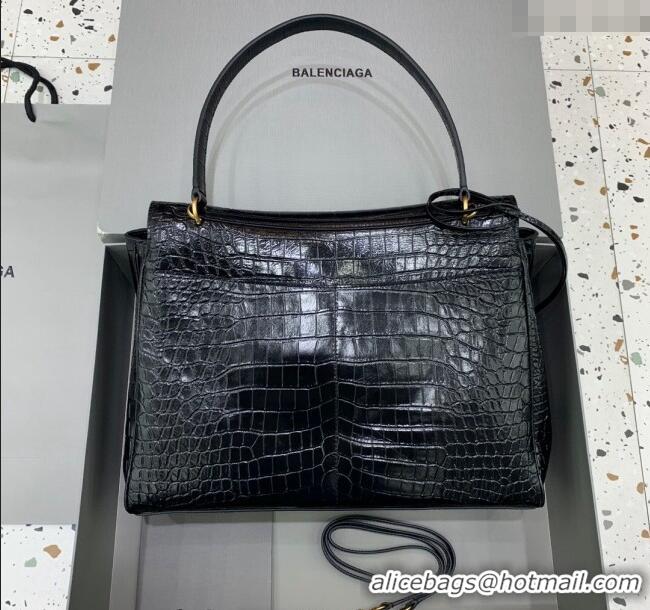 Discount Balenciaga Rodeo Large Handbag In Crocodile Embossed Calfskin With Aged-gold Hardware 78972 Black 2024