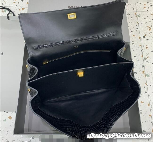 Discount Balenciaga Rodeo Large Handbag In Crocodile Embossed Calfskin With Aged-gold Hardware 78972 Black 2024