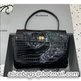 Top Design Balenciaga Rodeo Medium Handbag In Crocodile Embossed Calfskin With Aged-gold Hardware 78972 Black 2024