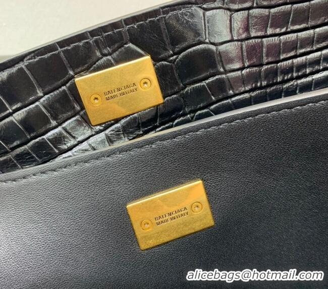 Top Design Balenciaga Rodeo Medium Handbag In Crocodile Embossed Calfskin With Aged-gold Hardware 78972 Black 2024