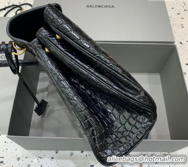 Top Design Balenciaga Rodeo Medium Handbag In Crocodile Embossed Calfskin With Aged-gold Hardware 78972 Black 2024