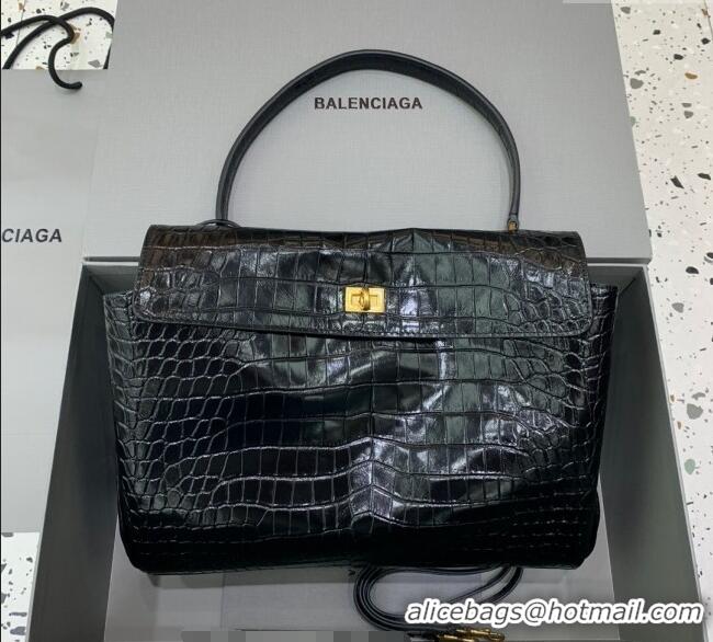 Top Design Balenciaga Rodeo Medium Handbag In Crocodile Embossed Calfskin With Aged-gold Hardware 78972 Black 2024