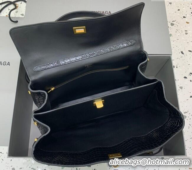 Top Design Balenciaga Rodeo Medium Handbag In Crocodile Embossed Calfskin With Aged-gold Hardware 78972 Black 2024