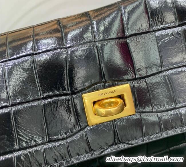 Top Design Balenciaga Rodeo Medium Handbag In Crocodile Embossed Calfskin With Aged-gold Hardware 78972 Black 2024