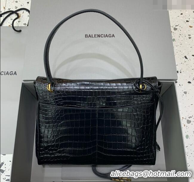 Top Design Balenciaga Rodeo Medium Handbag In Crocodile Embossed Calfskin With Aged-gold Hardware 78972 Black 2024