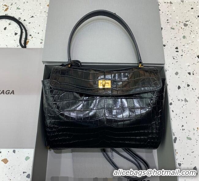 Promotional Balenciaga Rodeo Small Handbag In Crocodile Embossed Calfskin With Aged-gold Hardware 78972 Black 2024