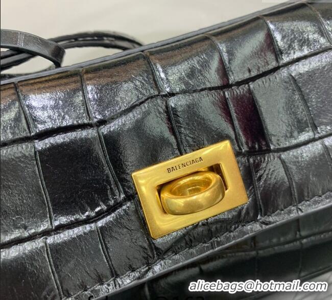 Best Grade Balenciaga Rodeo Mini Handbag In Crocodile Embossed Calfskin With Aged-gold Hardware 78972 Black 2024