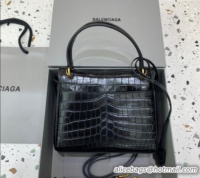 Best Grade Balenciaga Rodeo Mini Handbag In Crocodile Embossed Calfskin With Aged-gold Hardware 78972 Black 2024