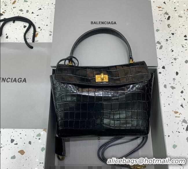 Best Grade Balenciaga Rodeo Mini Handbag In Crocodile Embossed Calfskin With Aged-gold Hardware 78972 Black 2024