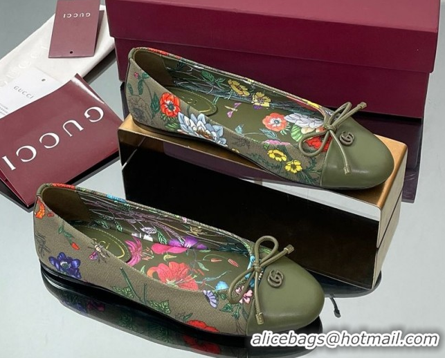 Expensive Gucci Flora Printed Ballet Flats Dark Green 840726