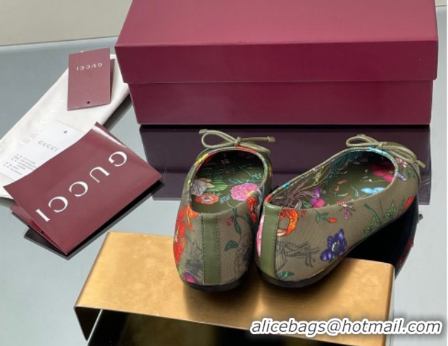 Expensive Gucci Flora Printed Ballet Flats Dark Green 840726