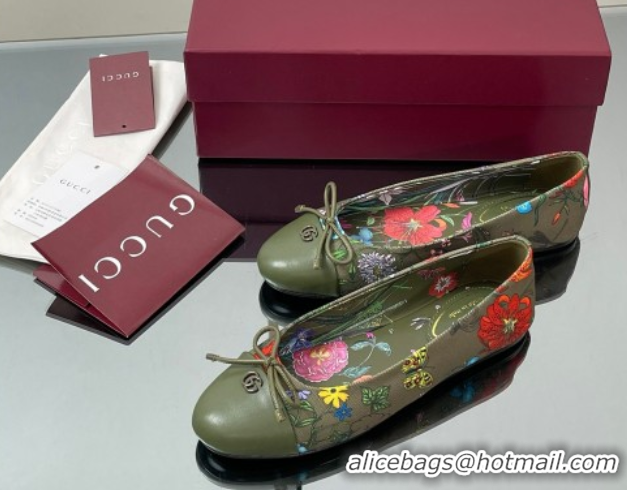 Expensive Gucci Flora Printed Ballet Flats Dark Green 840726