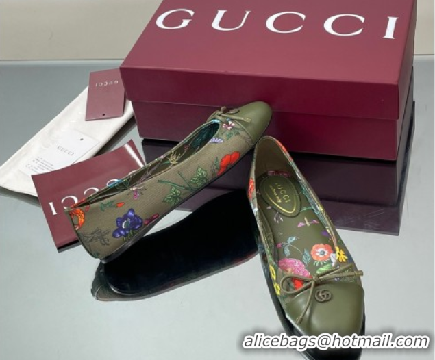 Expensive Gucci Flora Printed Ballet Flats Dark Green 840726