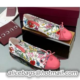 Crafted Gucci Flora Printed Ballet Flats White/Pink 840726