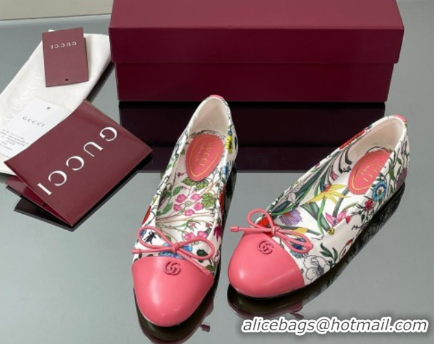Crafted Gucci Flora Printed Ballet Flats White/Pink 840726