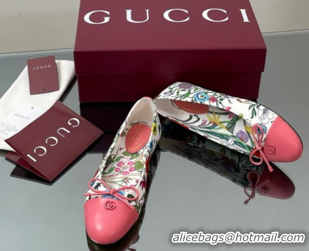Crafted Gucci Flora Printed Ballet Flats White/Pink 840726