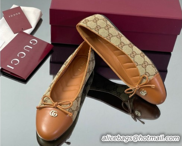 Buy Discount Gucci GG Canvas Ballet Flats with Double G Beige/Brown 835805