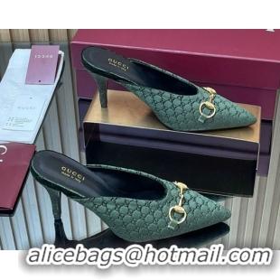 Shop Duplicate Gucci GG Velvet Heel Mules 8.5cm with Horsebit Green 835739