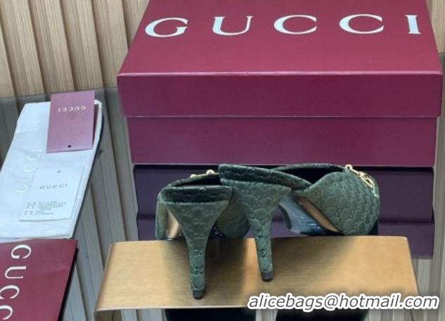Shop Duplicate Gucci GG Velvet Heel Mules 8.5cm with Horsebit Green 835739
