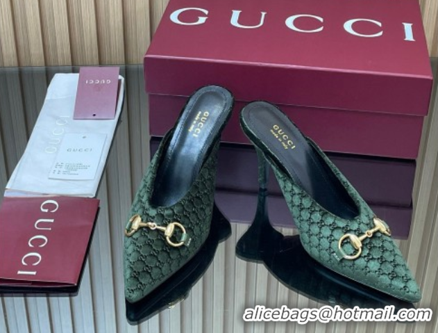 Shop Duplicate Gucci GG Velvet Heel Mules 8.5cm with Horsebit Green 835739