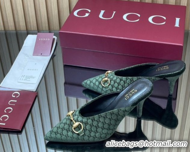 Shop Duplicate Gucci GG Velvet Heel Mules 8.5cm with Horsebit Green 835739