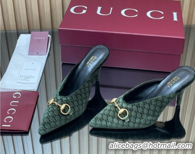 Shop Duplicate Gucci GG Velvet Heel Mules 8.5cm with Horsebit Green 835739
