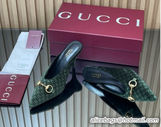 Shop Duplicate Gucci GG Velvet Heel Mules 8.5cm with Horsebit Green 835739