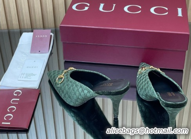 Shop Duplicate Gucci GG Velvet Heel Mules 8.5cm with Horsebit Green 835739