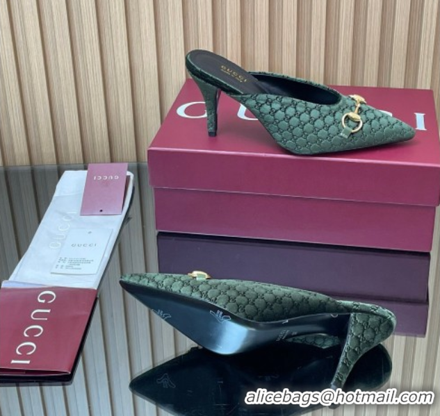 Shop Duplicate Gucci GG Velvet Heel Mules 8.5cm with Horsebit Green 835739