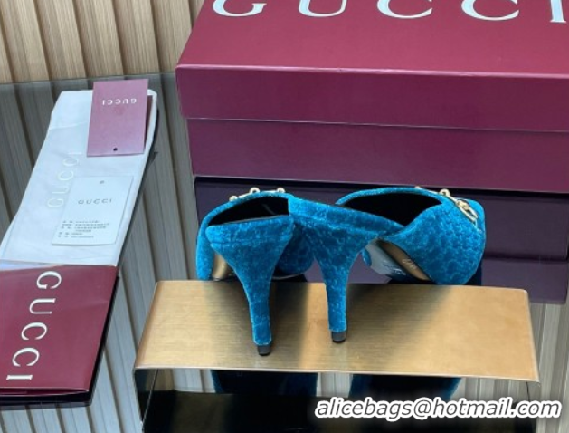 Popular Style Gucci GG Velvet Heel Mules 8.5cm with Horsebit Blue 835739