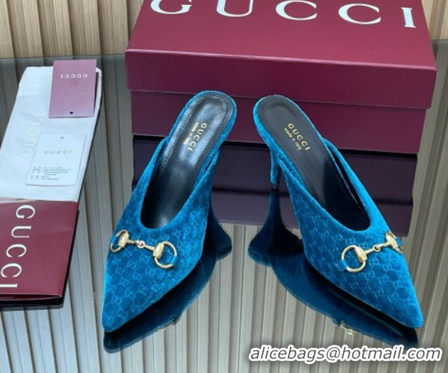 Popular Style Gucci GG Velvet Heel Mules 8.5cm with Horsebit Blue 835739