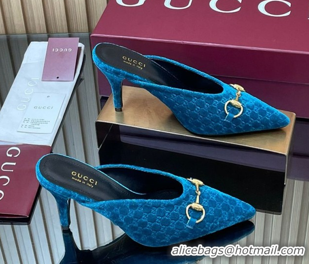 Popular Style Gucci GG Velvet Heel Mules 8.5cm with Horsebit Blue 835739