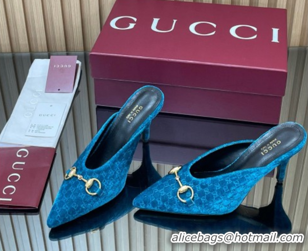 Popular Style Gucci GG Velvet Heel Mules 8.5cm with Horsebit Blue 835739