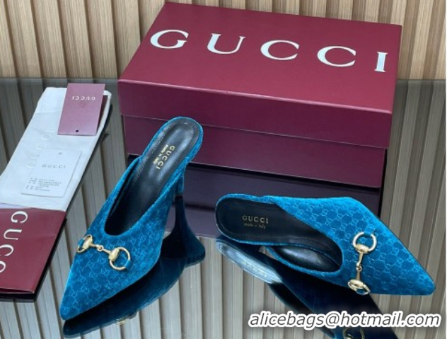 Popular Style Gucci GG Velvet Heel Mules 8.5cm with Horsebit Blue 835739