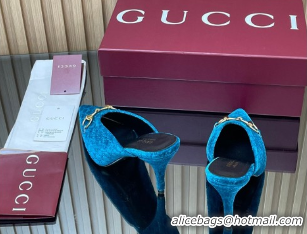 Popular Style Gucci GG Velvet Heel Mules 8.5cm with Horsebit Blue 835739