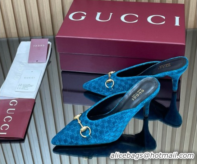 Popular Style Gucci GG Velvet Heel Mules 8.5cm with Horsebit Blue 835739
