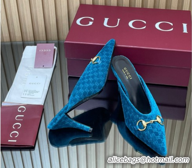 Popular Style Gucci GG Velvet Heel Mules 8.5cm with Horsebit Blue 835739
