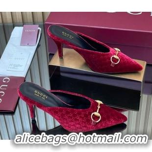 Pretty Style Gucci GG Velvet Heel Mules 8.5cm with Horsebit Red 835739