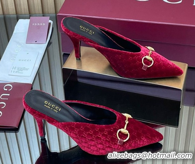 Pretty Style Gucci GG Velvet Heel Mules 8.5cm with Horsebit Red 835739