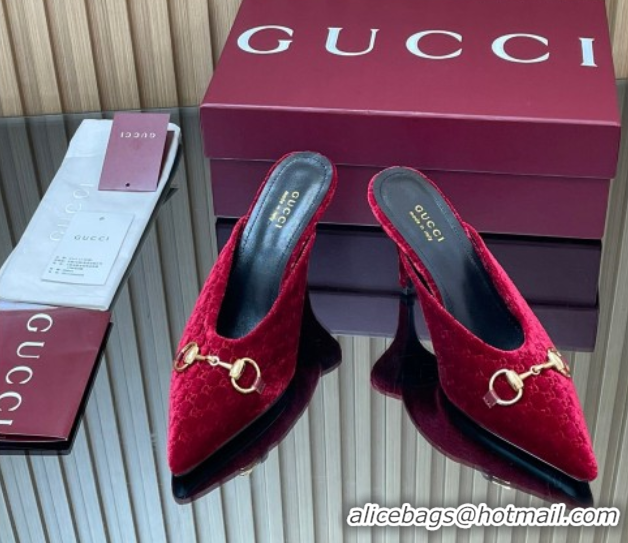 Pretty Style Gucci GG Velvet Heel Mules 8.5cm with Horsebit Red 835739